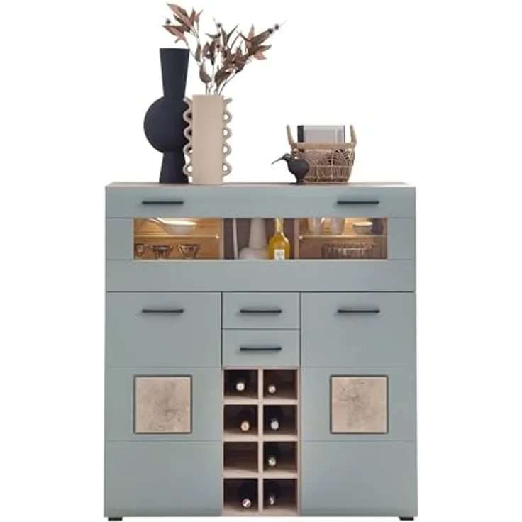 Barschrank >Kathlin< Barfach, Stauraum, LED, schilfgrün / Eiche Dekor - 120x129x37 (BxHxT)