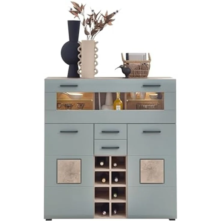 Barschrank >Kathlin< Barfach, Stauraum, LED, schilfgrün / Eiche Dekor - 120x129x37 (BxHxT) – Bild 1