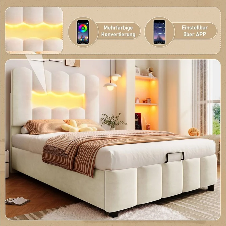 MODFU Polsterbett mit LED-Licht (Kinderbett mit hydraulischem Bettkasten & verstellbarem Kopfteil, Einzelbett, Samt 90x200 cm), Inklusive Matratze – Bild 2