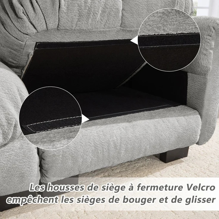 U-förmiges 2-Sitzer-Sofa mit beweglichen Hockerelementen, gesteppter Chenillebezug und dicke Polster, Wohnlandschaft für Wohnzimmer, Hellgrau – Bild 11