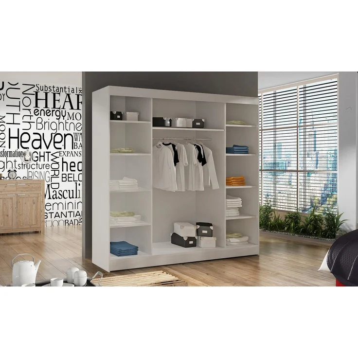 Schwebetürenschrank Basti V 200 cm mit Spiegel - Kleiderschrank mit 2 Türen, Kleiderstange und Einlegeboden, Schlafzimmerschrank, Schiebetürenschrank 200x215x58 cm (Weiß/Sonoma) – Bild 2