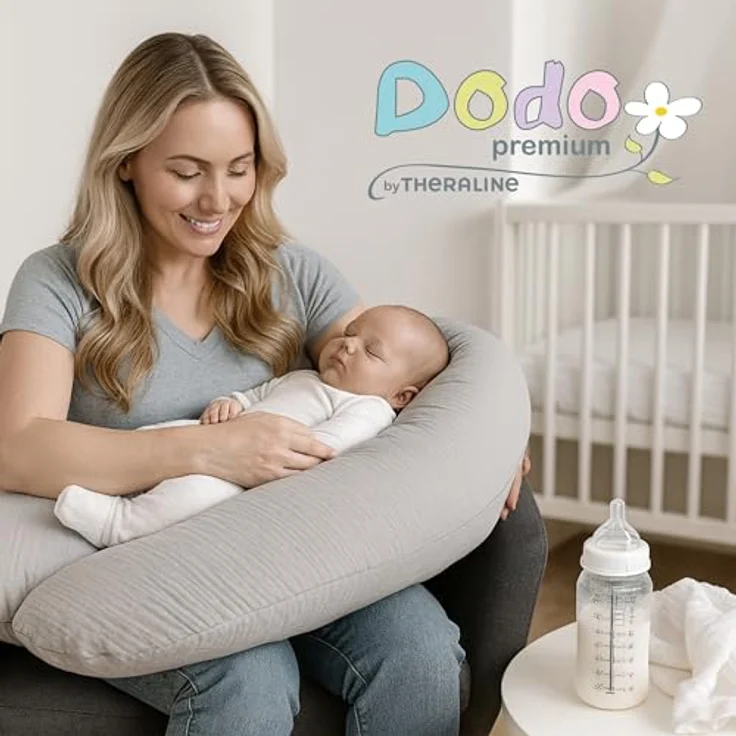 Theraline Dodo Premium Stillkissen, flexibles Lagerungs- und Stillkissen mit feiner Perlen-Füllung, 180 cm, Musselin Bezug in Nebelgrau – Bild 8