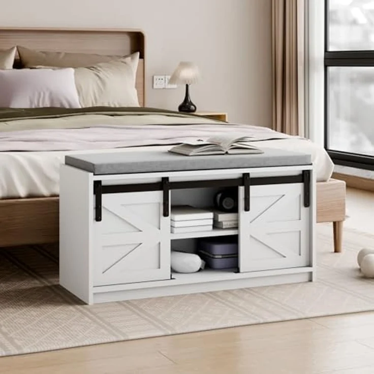 Mondeer Schuhbank mit Sitzfläche, Sitzbank mit Stauraum und Schiebetüren Abnehmbarem Sitzkissen, für Flur Eingang Schlafzimmer, 90 x 45 x 35 cm, Weiß – Bild 7