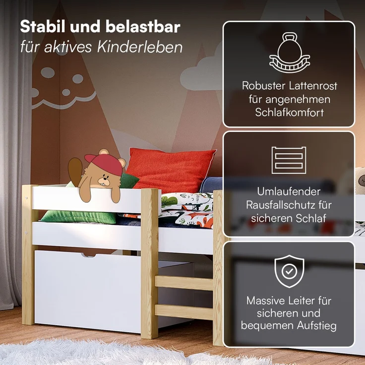 Bellabino 'Aspy' Halbhochbett 90x200 cm mit Matratze, weiß, Kinderbett mit 2 Schubladen, Rausfallschutz und Lattenrost, Hochbett mit Leiter – Bild 3