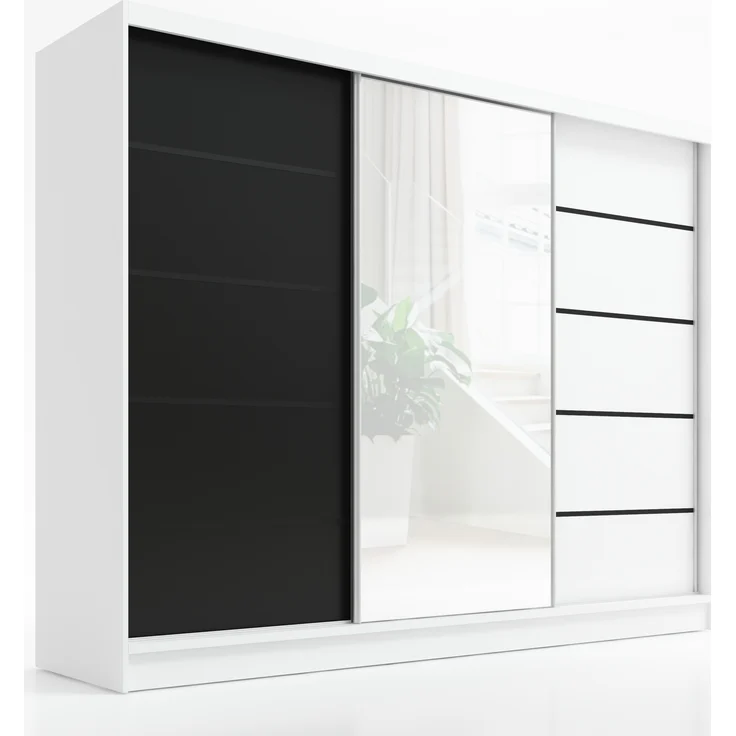 A&J MöbelLand Schwebetürenschrank AURELIA, Weiß, Schwarz, Weiß, Leiste: Schwarz – Bild 1
