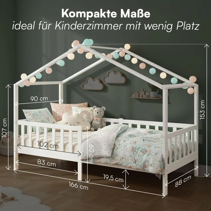 Bellabino 'Bia' Hausbett 80x160 cm mit Matratze, weiß, Kiefer Massivholz, Montessori Kinderbett mit Rausfallschutz und Lattenrost – Bild 9