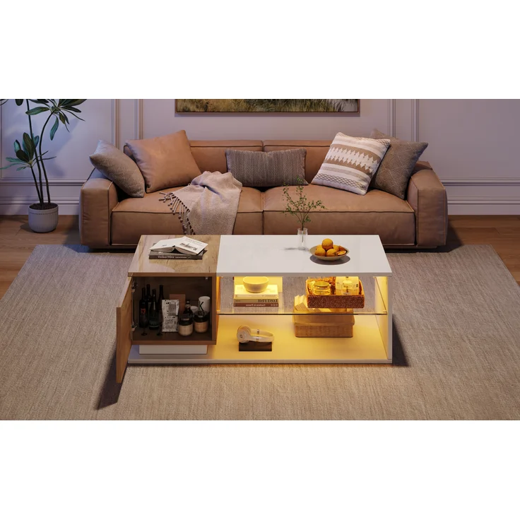 HAUSS SPOLE Couchtisch Hochglanz Couchtisch mit LED-Lichtleiste, Kaffeetisch mit Stauraum – Bild 4