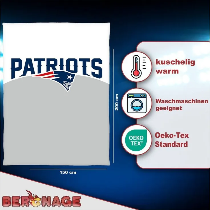 Wohndecke NFL New England Patriots Decke 150x200 cm Wellsoft Kuscheldecke, BERONAGE, passend zur Bettwäsche, ideal für Sofa, Couch, Bett, Auto, Camping
