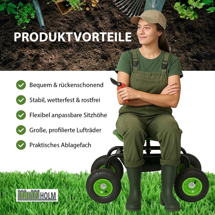 Gartenscooter mit Ablage Stahl 150 kg Sitzhöhe 44-52 cm Sitz 360° drehbar Lufträder in Schwarz-grün – Bild 8