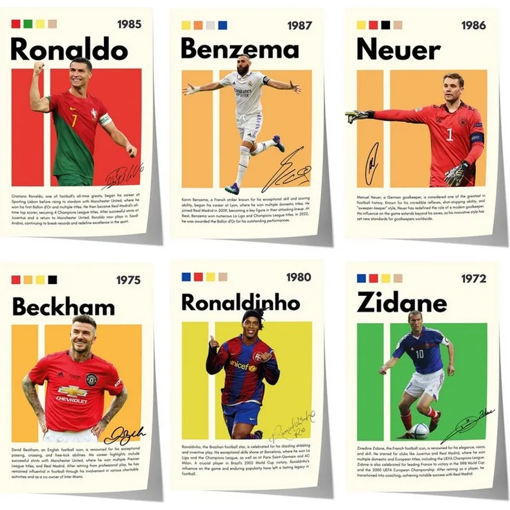 JUSTGOODMOOD Poster Fußball Legenden Ronaldo Benzema Neuer Beckham Ronaldinho Zidane Sport, E (1 St)