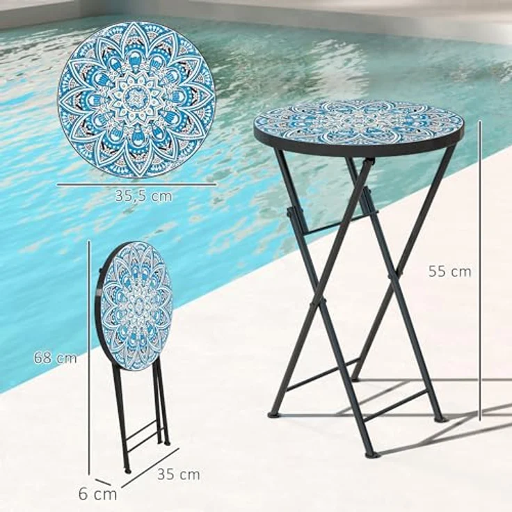 Outsunny Gartentisch mit Mosaik-Design, Ø35,5 x 55 cm, Rund, wetterfest, aus Metall (klappbar Balkontisch, 1-St, Beistelltisch), für Wohnzimmer, Büro, Outdoor, Indoor, Blau – Bild 3