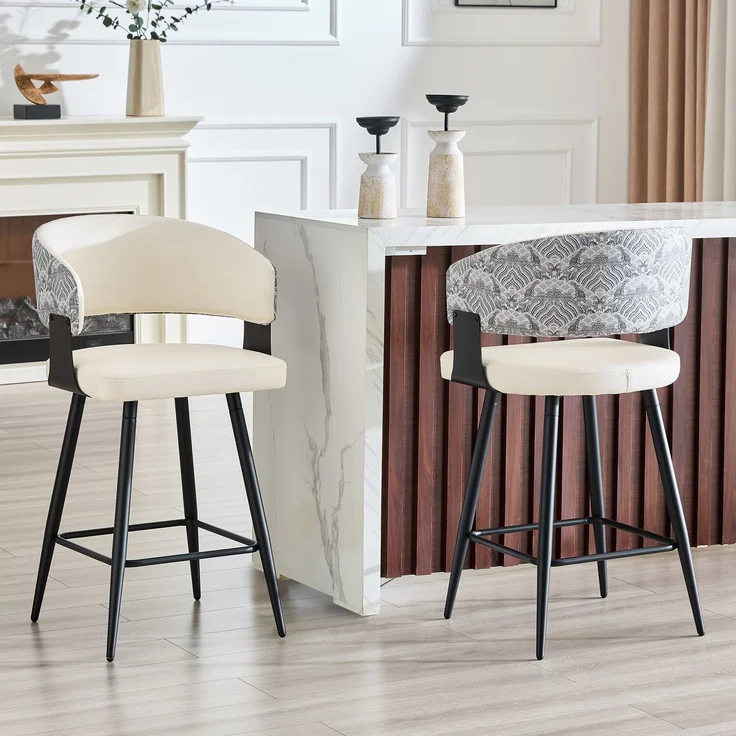 2er-Set Barhocker mit Rückenlehne, moderner Küchenhocker, Kunstleder Sitz, Metallgestell, stabile Fußstütze, ergonomisches Design, nur Stühle, ohne Tisch--Weiß1--47x46.5x94.5cm--YOUDENOVA – Bild 3