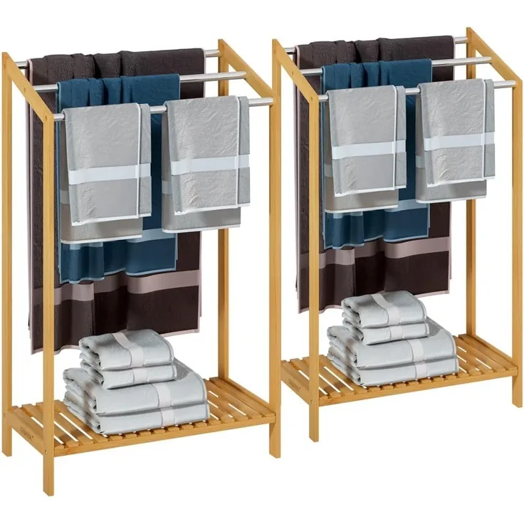 CASARIA® 2er Set Handtuchhalter Bambus Holz mit 3 Edelstahl Stangen Ablage