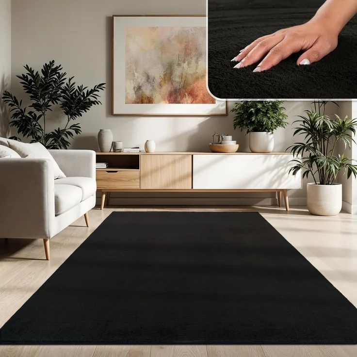 Paco Home Waschbarer Teppich Wohnzimmer Schlafzimmer Kurzflor rutschfest Flauschig Weich Moderne Einfarbige Muster, Grösse:120x170 cm, Farbe:Schwarz