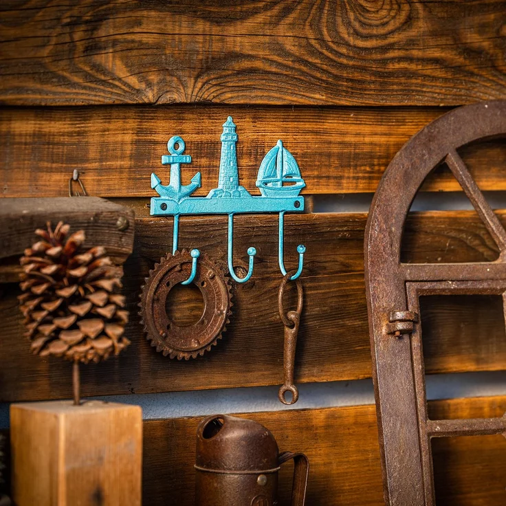 KADAX Maritime Hakenleiste aus Gusseisen 20 x 18 cm, Wandgarderobe mit 3 Haken, Kleiderhaken für Bad & Strandhaus, Garderobenleiste zur Wandmontage (Blau) – Bild 4