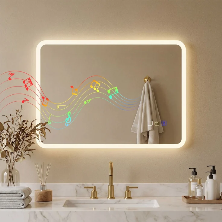 LED-Badezimmerspiegel mit Bluetooth, 50 x 70 cm, Touch-Schalter, dimmbares Licht, 3 Farben, beschlagfrei, Speicherknopf, silber – Bild 3