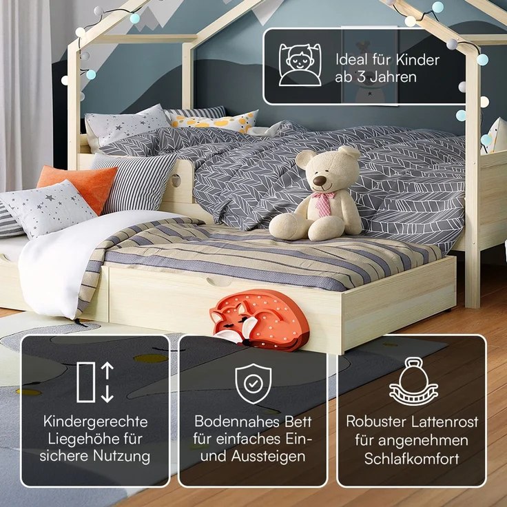 Bellabino 'Bela' Hausbett 90x200 cm mit Gästebett 90x190 cm, natur, Kiefer Massivholz, Montessori Kinderbett mit Ausziehbett, inkl. Rausfallschutz und Lattenrost – Bild 3