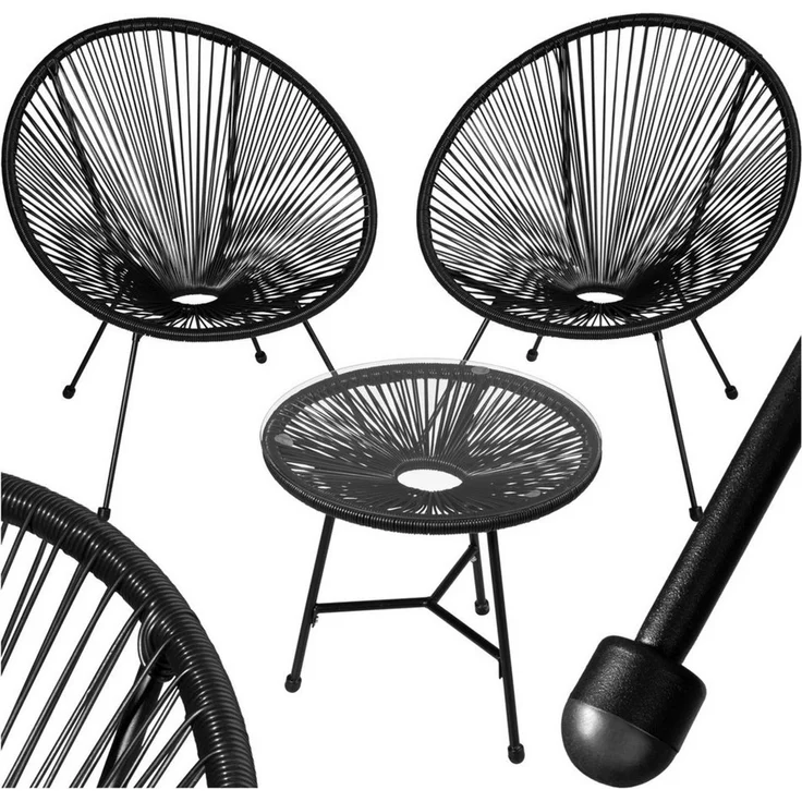 tectake® Set 2X Stuhl 1x Beistelltisch Acapulco, Gartenstuhl, Gartenstühle im Retro Design, Indoor und Outdoor Sessel für Garten, Wintergarten, als Terrassenstühle oder Balkon Sessel - schwarz – Bild 1