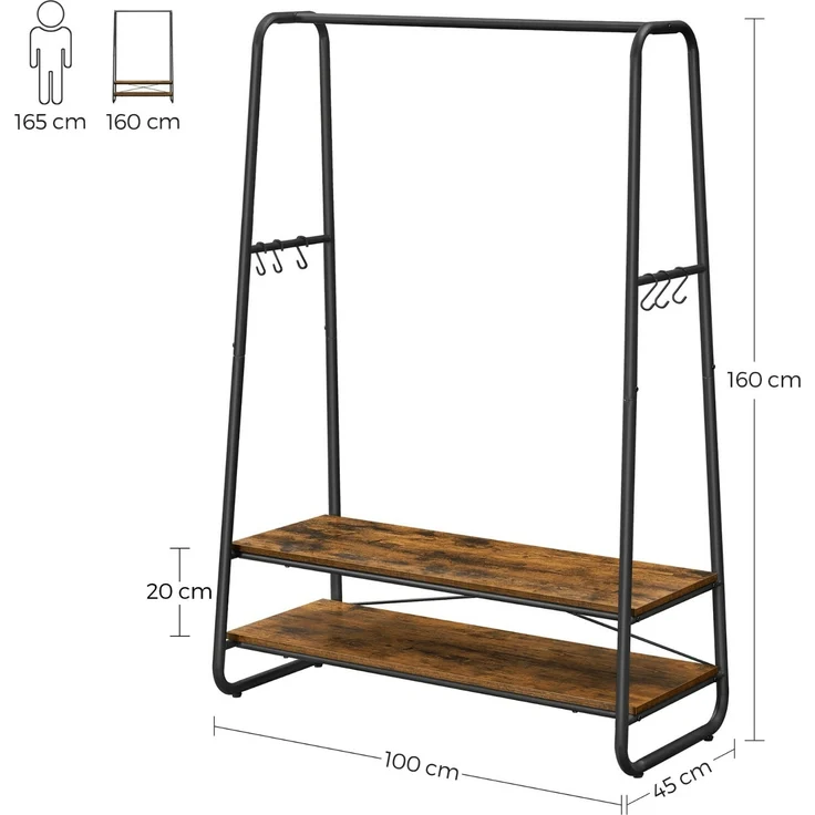 Vasagle Kleiderständer mit 2 Ablagen und 6 Haken, Stahlgestell Braun/Schwarz, 100 x 45 x 160 cm – Bild 5