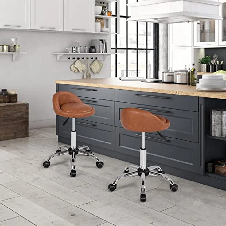 Yaheetech Rollhocker Bürohocker mit Rollen, Drehhocker mit niedriger Rückenlehne, Arbeitshocker Höhenverstellbar, Sitzhöhe 46,5-61 cm Braun – Bild 4