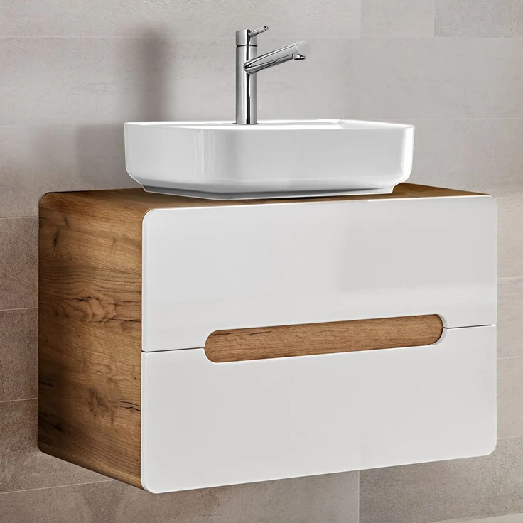 Badezimmermöbel Set in Hochglanz weiß mit Wotan Eiche Nb. LUTON-56 mit LED-Spiegelschrank, B/H/T ca. 130/200/46 cm – Bild 2