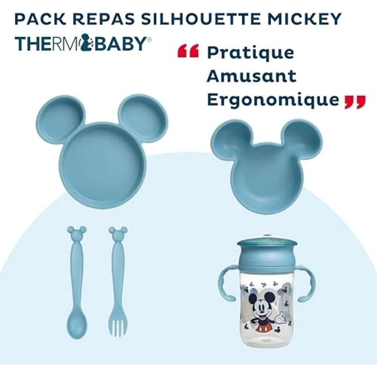 Disney Mickey Kindergeschirr-Set – unterteilter Teller – Schüssel – Löffel – Gabel und Tasse 360° – lustiges und praktisches Design für Baby-Mahlzeiten – Bild 2