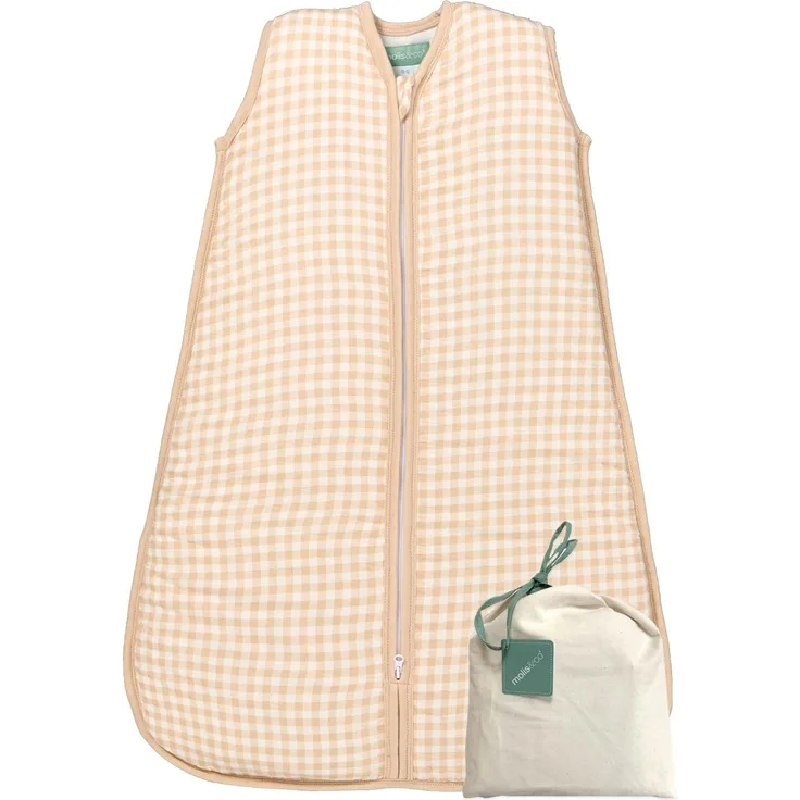 molis&co - Baby Schlafsack ärmellos - Ideal für Frühling und Herbst - Babyschlafsack 1 tog ohne Ärmel - Leicht gepolstert - Babyschlafsack Neugeborene - Premium Bambu Musselin - Vichy Sand (60 cm)