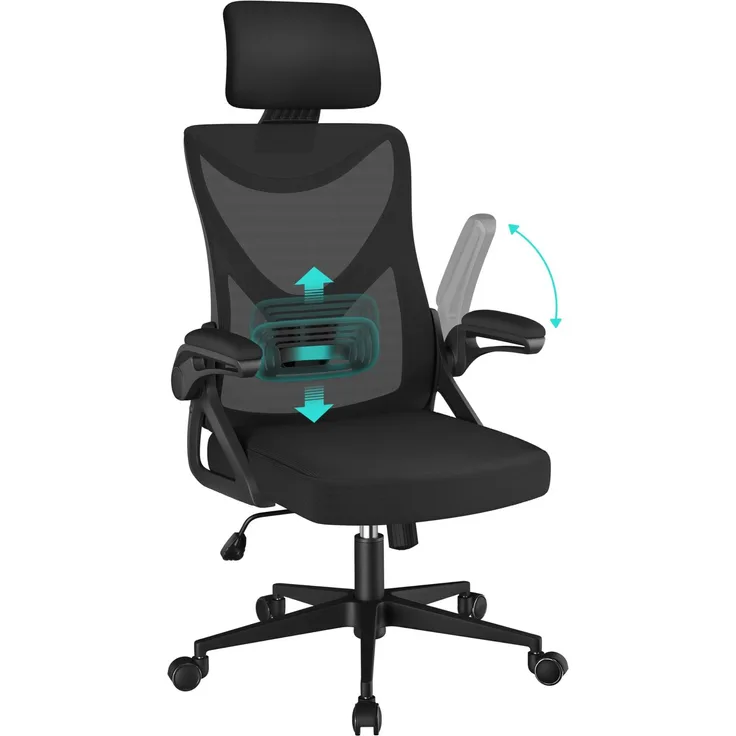 Yaheetech Bürostuhl Ergonomisch, Schreibtischstuhl mit Hochklappbaren Armlehnen, Drehstuhl mit Rückenlehne und Verstellbarer Kopfstütze, Chefsessel Wippfunktion, bis 136 kg Belastbar Schwarz