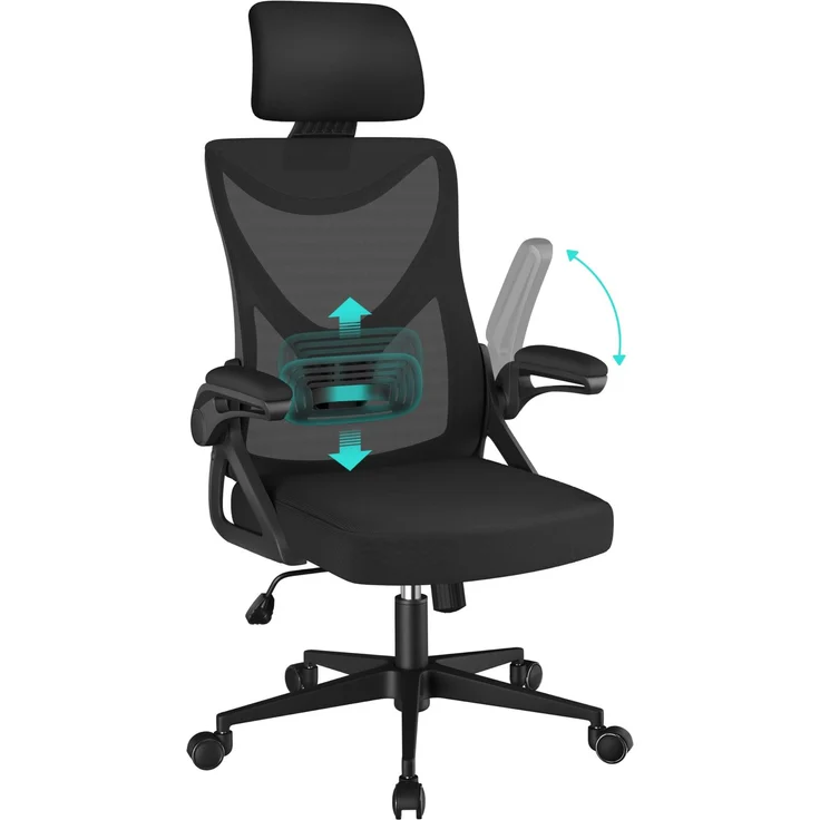 Yaheetech Bürostuhl Ergonomisch, Schreibtischstuhl mit Hochklappbaren Armlehnen, Drehstuhl mit Rückenlehne und Verstellbarer Kopfstütze, Chefsessel Wippfunktion, bis 136 kg Belastbar Schwarz