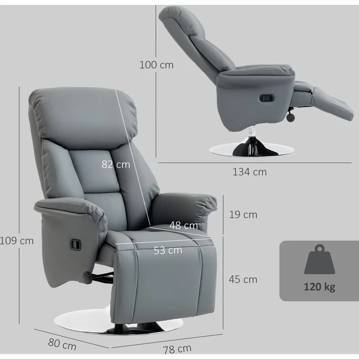 MELAYR, Relaxsessel, Liegefunktion, Lederoptik, Fußstütze, bis 120 kg, 78 x 80 x 109 cm, Grau – Bild 5
