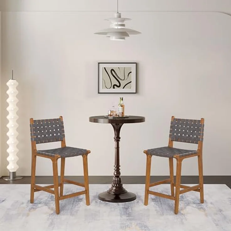 Ball & Cast Gewebter Tresen Barhocker mit Rückenlehne, Holz Küchenhocker mit PU-Ledersitz, Barhocker Stuhl mit Fußstütze für Esszimmer, dunkelgrau – Bild 6