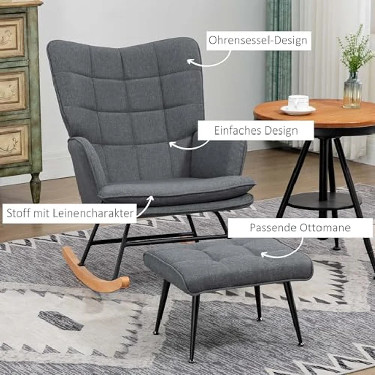HOMCOM Schaukelsessel mit Hocker, Relaxsessel mit Leinenoptik (Armlehnsessel, 2-St, Schwingsessel), für Wohnzimmer, Schlafzimmer, Grau – Bild 6