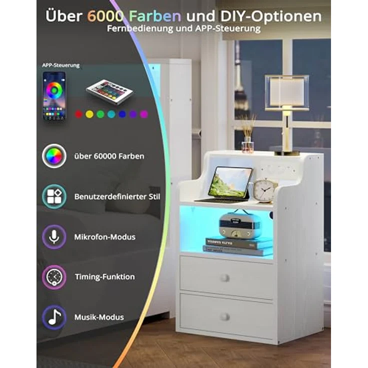 IRONCK Nachttisch LED mit Steckdose und Ladefunktion, Beistelltisch Holz, Nachtschrank mit 2 AC, 1 USB& 1 Type-C Anschlüsse, Sofatisch mit 2 Schubladen, Nachtkästchen Wohnzimmer,Schlafzimmer, Weiß – Bild 5
