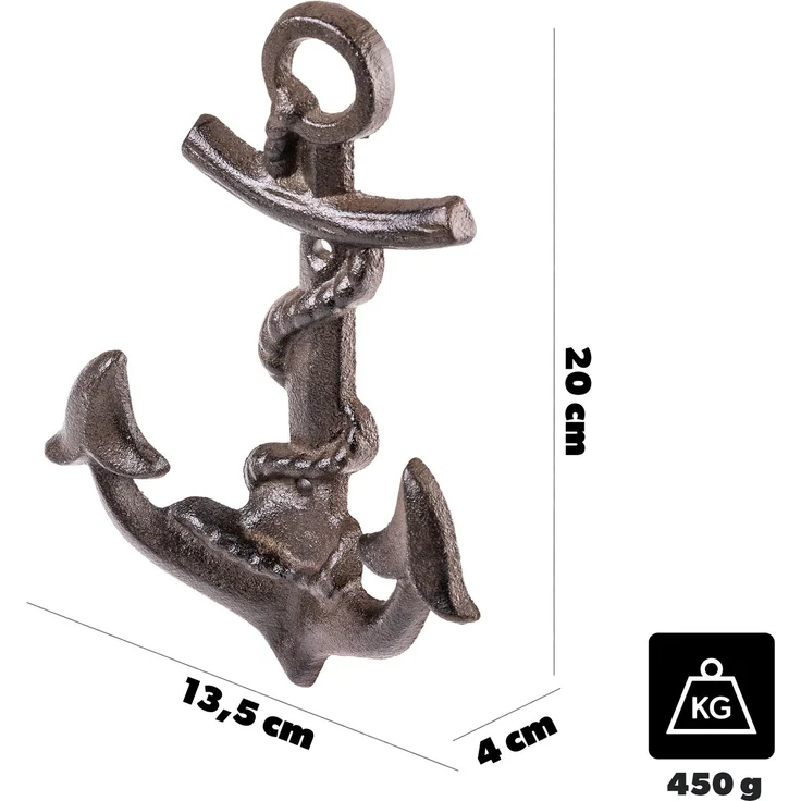 KADAX Anker Wandhaken aus Gusseisen 13,5 x 20 cm, maritime Wandgarderobe mit 2 Haken, Kleiderhaken für Badezimmer, Wanddekoration mit Garderobenhaken (Braun) – Bild 2