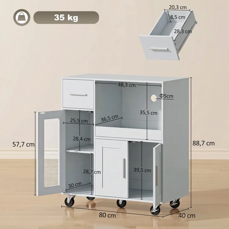 MELAYR, Küchenschrank auf Rädern, Mobile Küchenkommode mit Ablagen, Schubladen, 80 x 40 x 88.7 cm, Grau – Bild 5