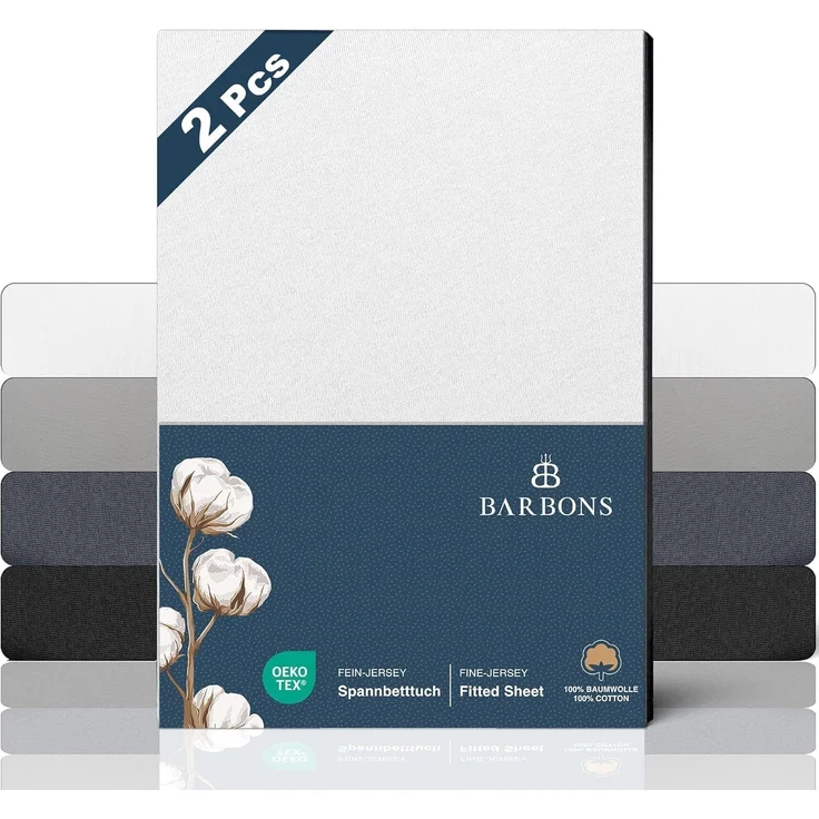 BARBONS Spannbettlaken 160x200 cm 2er - 100% Baumwolle Spannbetttuch Oeko-TEX Zertifiziert Bettlaken Jersey Bettbezug für Boxspringbett und Dicke Matratzen bis 27 cm - Weiss 160x200 2er – Bild 1