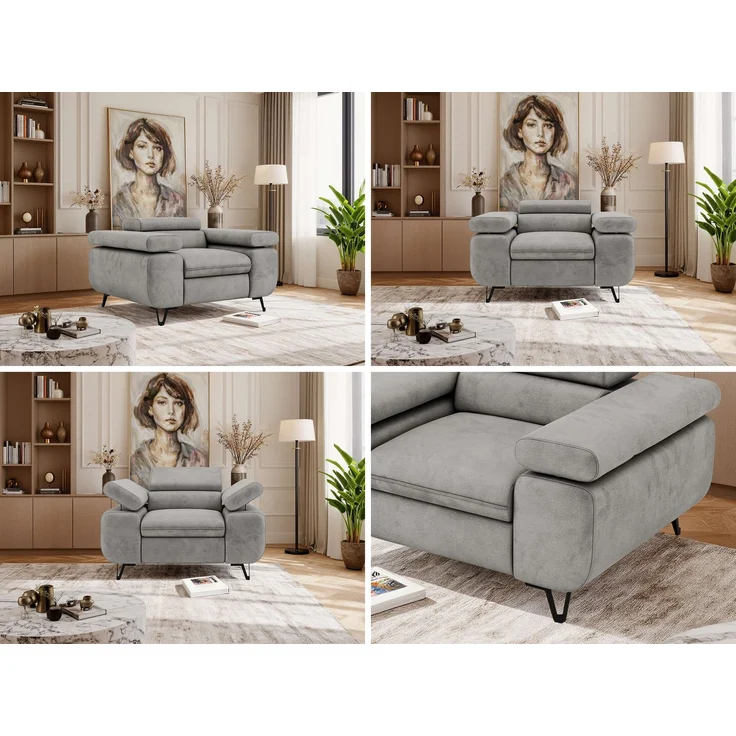 Einzelsessel, Polstersessel PETER mit verstellbaren Armlehnen und Kopfstütze, 1-Sitzer Sofa, Ohrensessel, Wellenfeder - Hellgrau Velvet – Bild 2