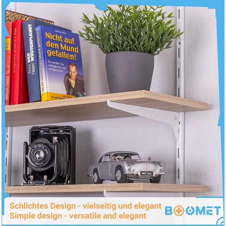 BOOMET Wandregalhalter Regalträger 1-reihig für Wandschienen, 4-tlg, Regalsystem Weiß 20cm Wandregalhalter Regalwinkel – Bild 5