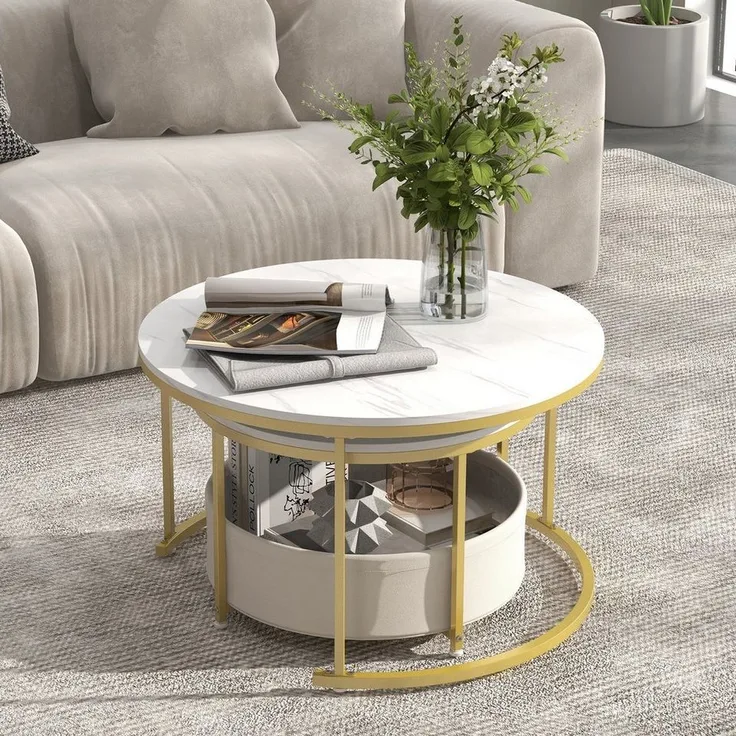 COSTWAY Couchtisch (2er Set), rund Satztisch Marmor mit Korb gold