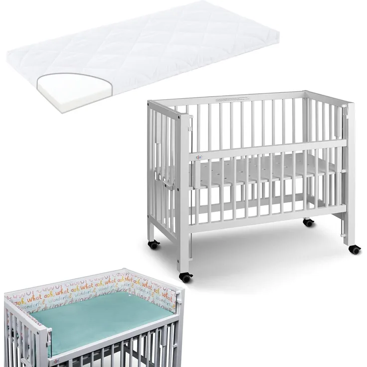 Tissi Beistellbett Sophie, Anstellbett inkl. verstellbarer Matratze mit waschbarem Bezug und Nestchen, für Neugeborene bis 9 Monate