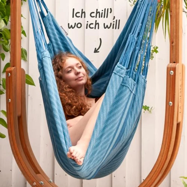 La Siesta 'Udine Organic Zebra' Hängesessel, blau, Bio-Baumwolle mit Eucalyptus-Gestell, 115 x 180 x 125 cm – Bild 7