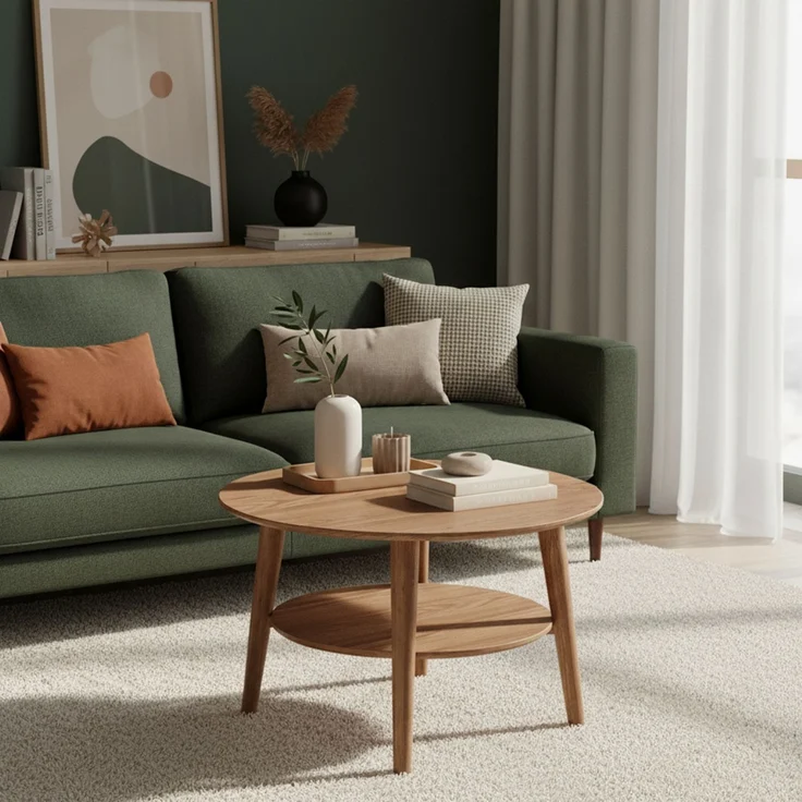 skølm 'Mjölnir' Couchtisch rund, Massivholz Eiche, dunkel geölt, Wohnzimmertisch Ø70 cm, Beistelltisch für Wohnzimmer mit Ablage – Bild 5