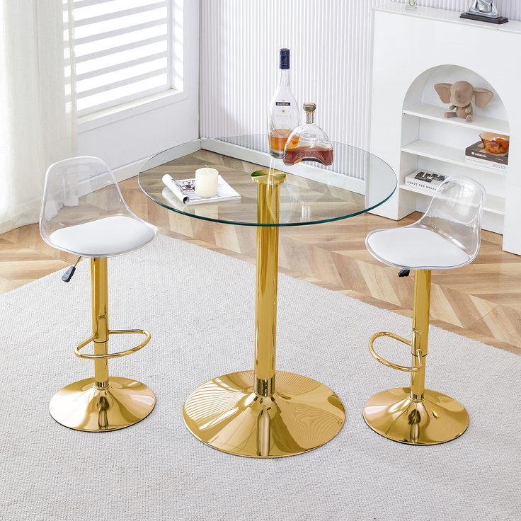 Flexibles Bar-Set: 89 cm Glastisch + 2 Hocker mit goldfarbenen Beinen, höhenverstellbar & drehbar, • Transparente Optik • 360°-Drehung • Vielseitig nutzbar, Schafft visuelle Weite und spart Platz.--Gold, Transparent--93x93x6cm--YOUDENOVA