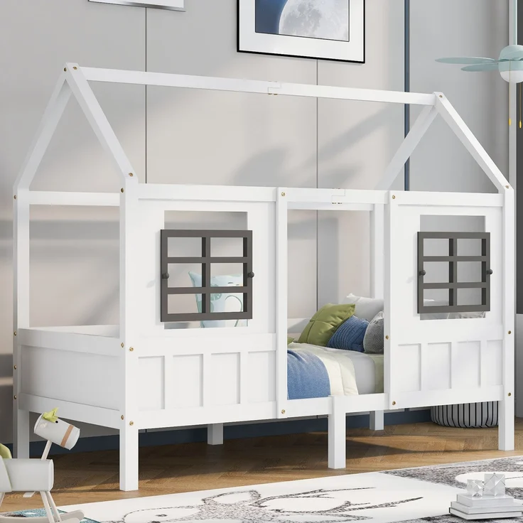 U-life Hausbett 90x200 cm, Einzelbett und Kinderbett, mit 2 Fenstern und Sicherheitsgeländer, Kiefernholz, Weiß – Bild 3