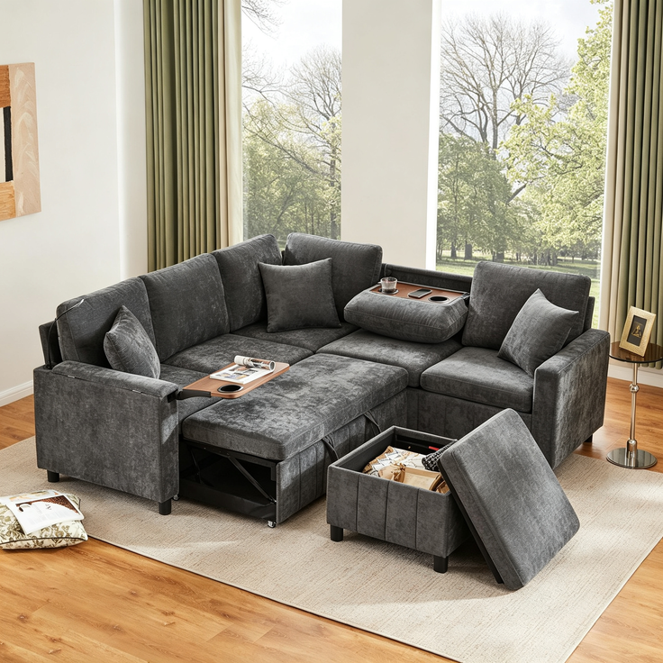 EINHOM Chenille-Ecksofa mit Schlaffunktion, Ausziehsofa mit Hocker, Leselampe, USB & Type-C, Ausgestattet mit verstecktem Tisch, Ausklappbarer Couchtisch mit zwei Getränkehaltern, Grau, 205 x 205 x 85 CM[9907]