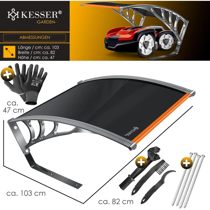 KESSER® Mähroboter Garage Dach Carport Überdachung für Mähroboter Rasenmäher Rasenroboter Automower Garten Witterungsbeständig Mährobotergarage inkl. Montagematerial, Maße 82 x 103 x 47 cm Orange / Schwarz – Bild 9