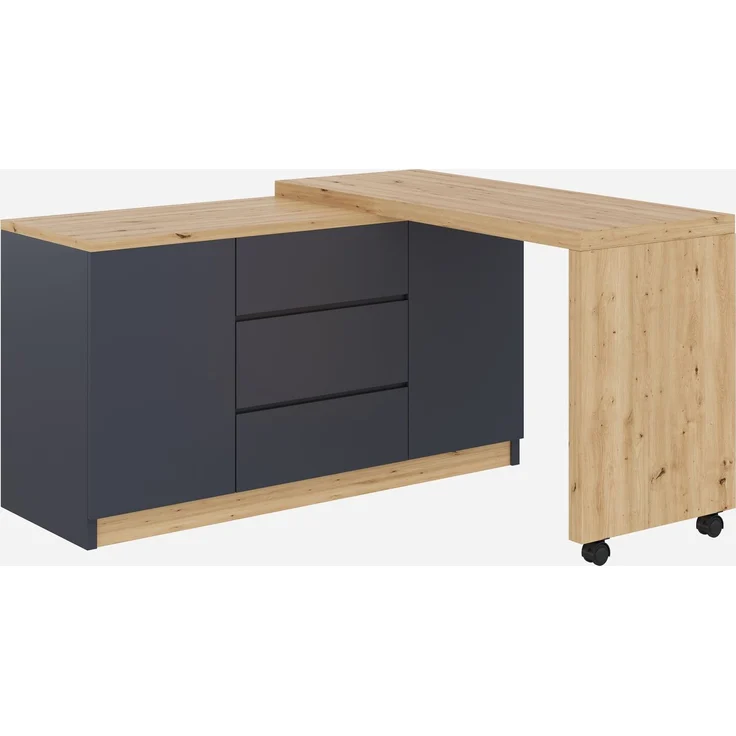 Flieks 360° Schreibtisch mit Sideboard, 120×50×76.5cm, Eckschreibtisch auf Rollen, Computertisch mit 3 Schubladen & 2 Türen, Grau/Eiche – Bild 5