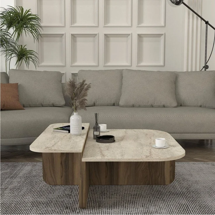 moebel17 Couchtisch 90×90 cm in Beige Braun Travertin-Optik, moderner L-Form Couchtisch (Packung, 1-St, Besteht aus 1 Couchtisch), Pflegeleichte Oberfläche, Granitoptik – Bild 1