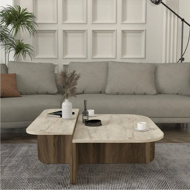 moebel17 Couchtisch 90×90 cm in Beige Braun Travertin-Optik, moderner L-Form Couchtisch (Packung, 1-St, Besteht aus 1 Couchtisch), Pflegeleichte Oberfläche, Granitoptik