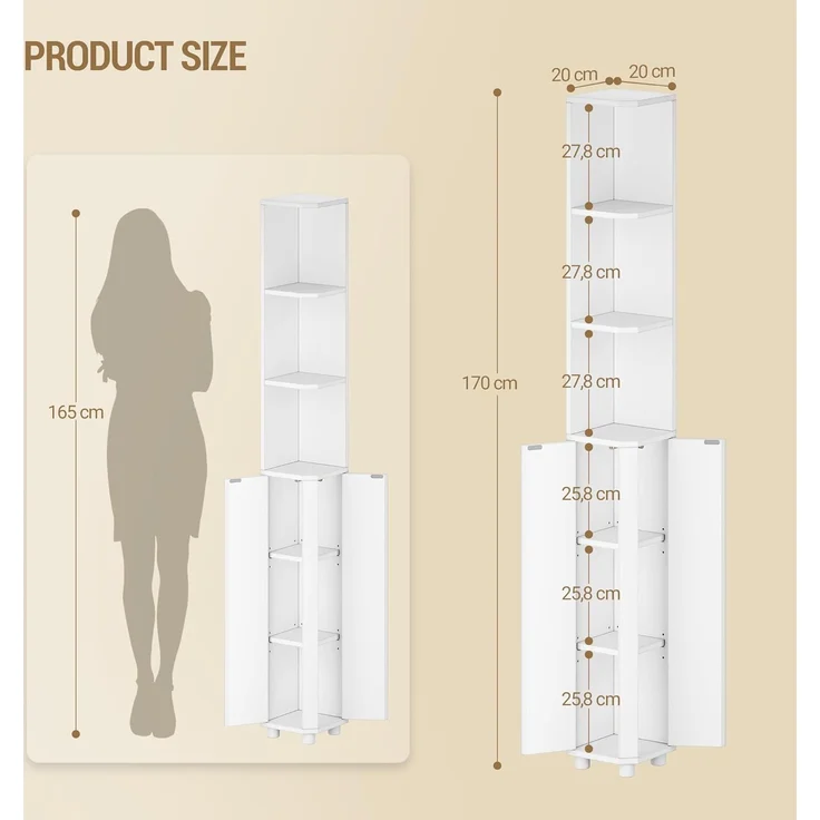 Badezimmerschrank, Eckschrank Badschrank, Toilettenschrank mit verstellbare Ablagen, 2 Seitentüren, schmales Badregal, einfache Montage, 20 x 20 x 170 cm, weiß – Bild 9